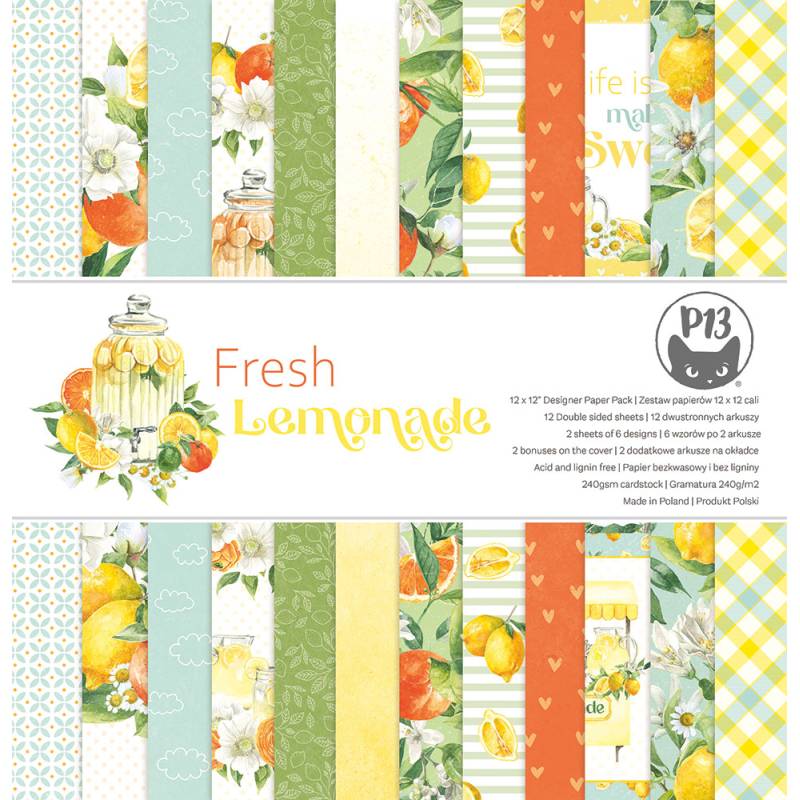 Papeis decorativos estampados para scrapbooking com motivos de limão e flores