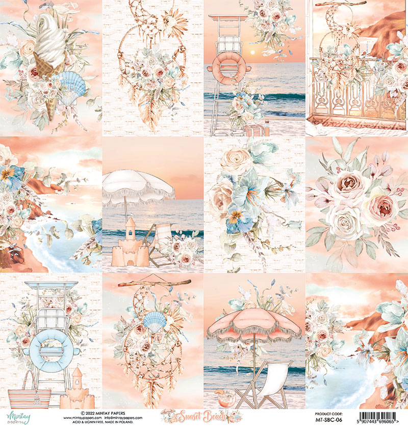 Papel decorativo com desenhos de praia, flores e elementos costeiros em tons rosa e azul.