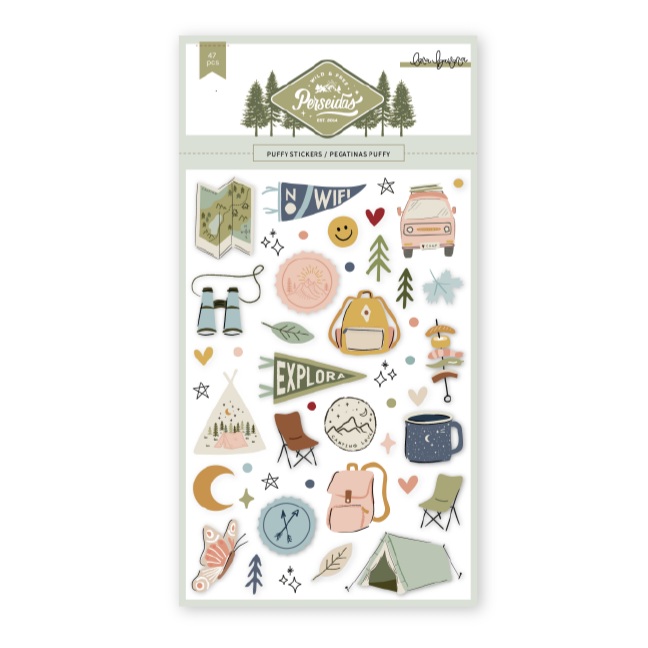 Folha de autocolantes com desenhos de exploração ao ar livre em cores pastel