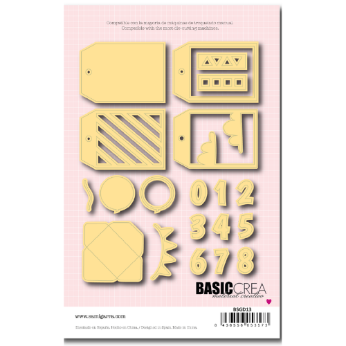 Molde de corte para scrapbooking com várias formas e números em papel amarelo claro