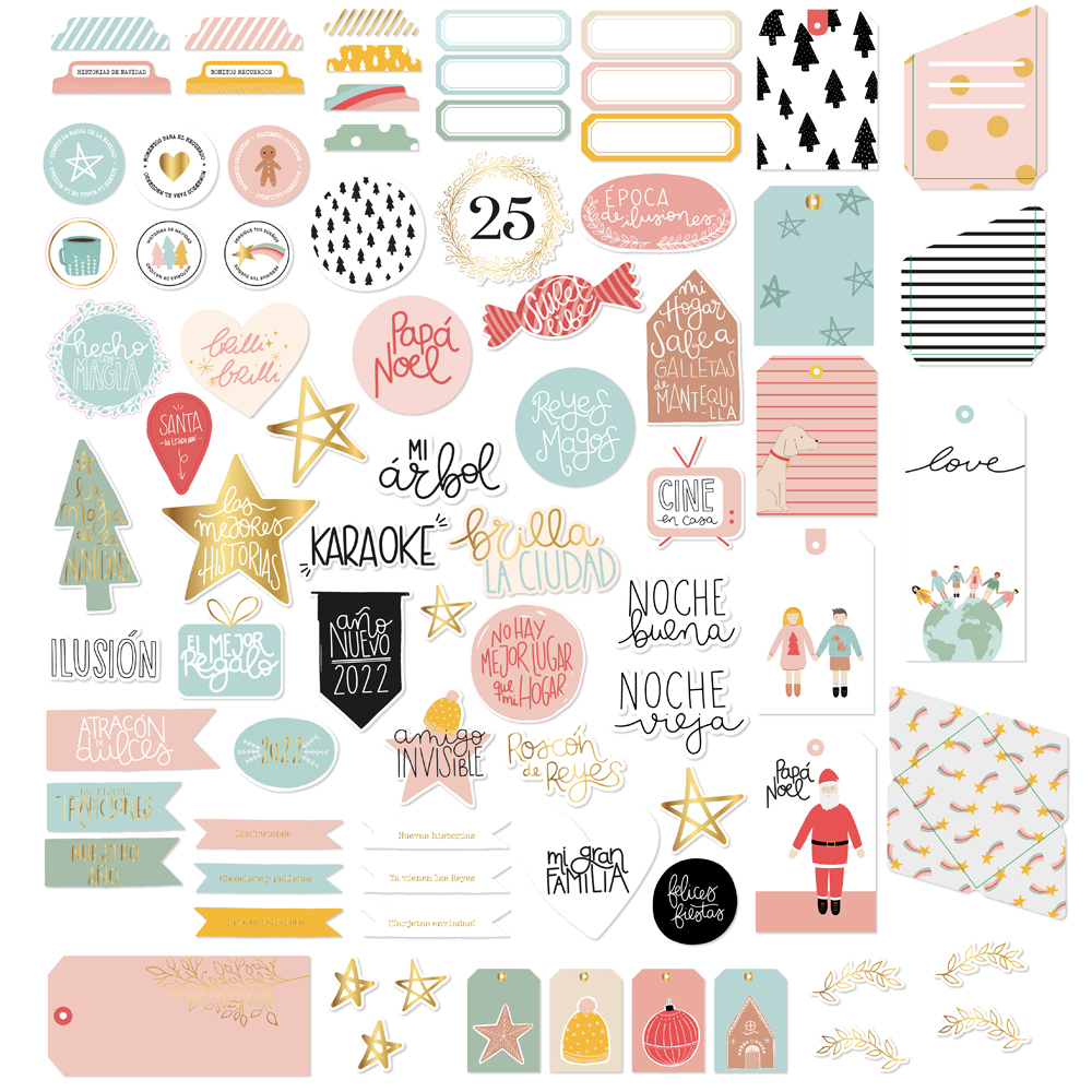 Autocolantes variados com temas de Natal em várias cores e formatos