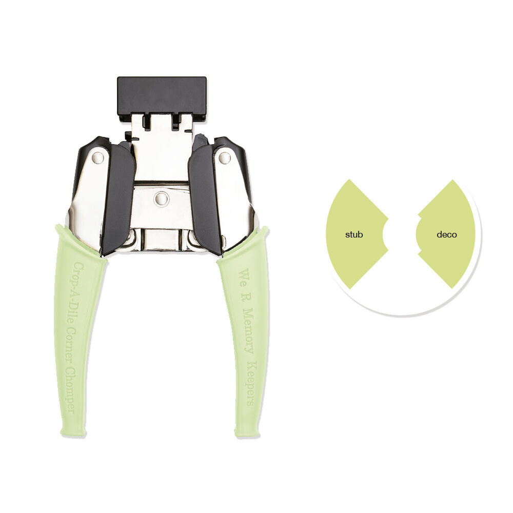 Alicate com cabos verdes claros e dois formatos de corte para papel ao lado