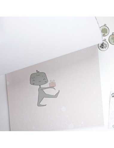 Cartão decorativo com personagem cinzento segurando presente cor-de-rosa