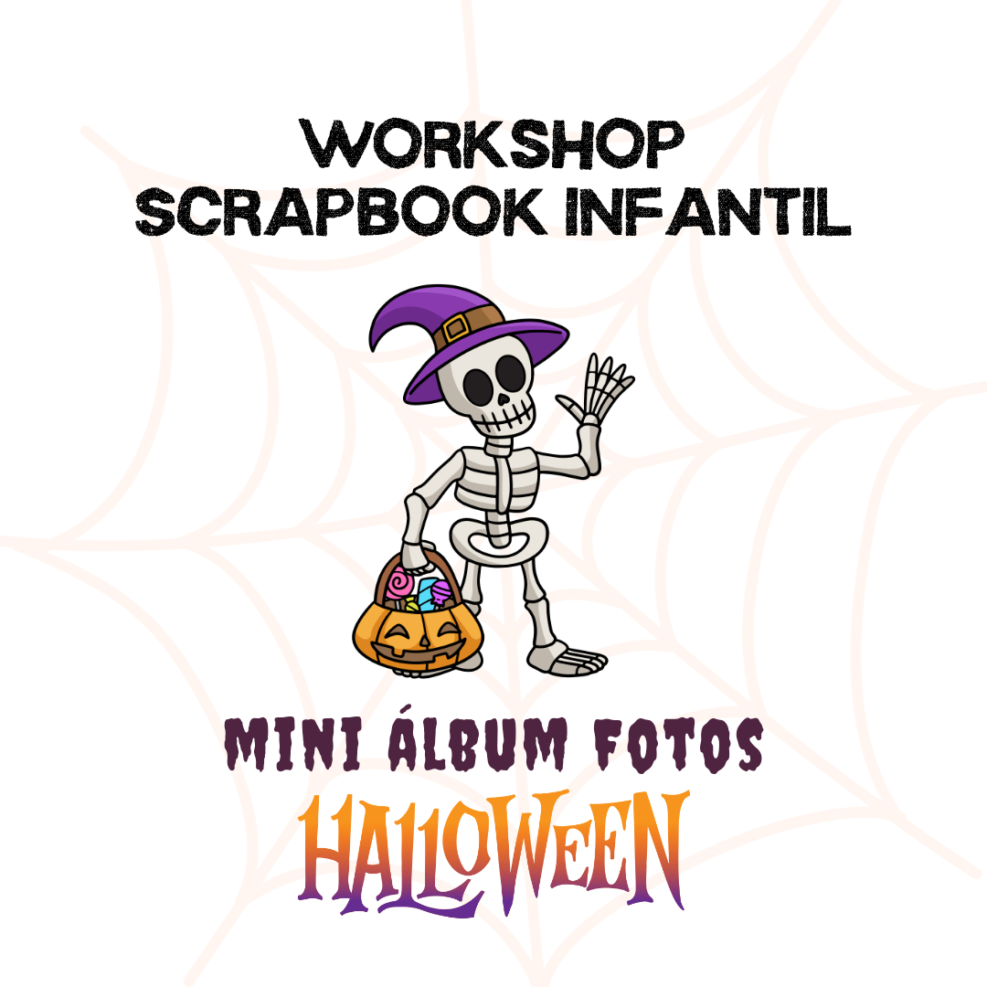 Ilustração de esqueleto com chapéu de bruxa e abóbora de Halloween com texto sobre workshop infantil