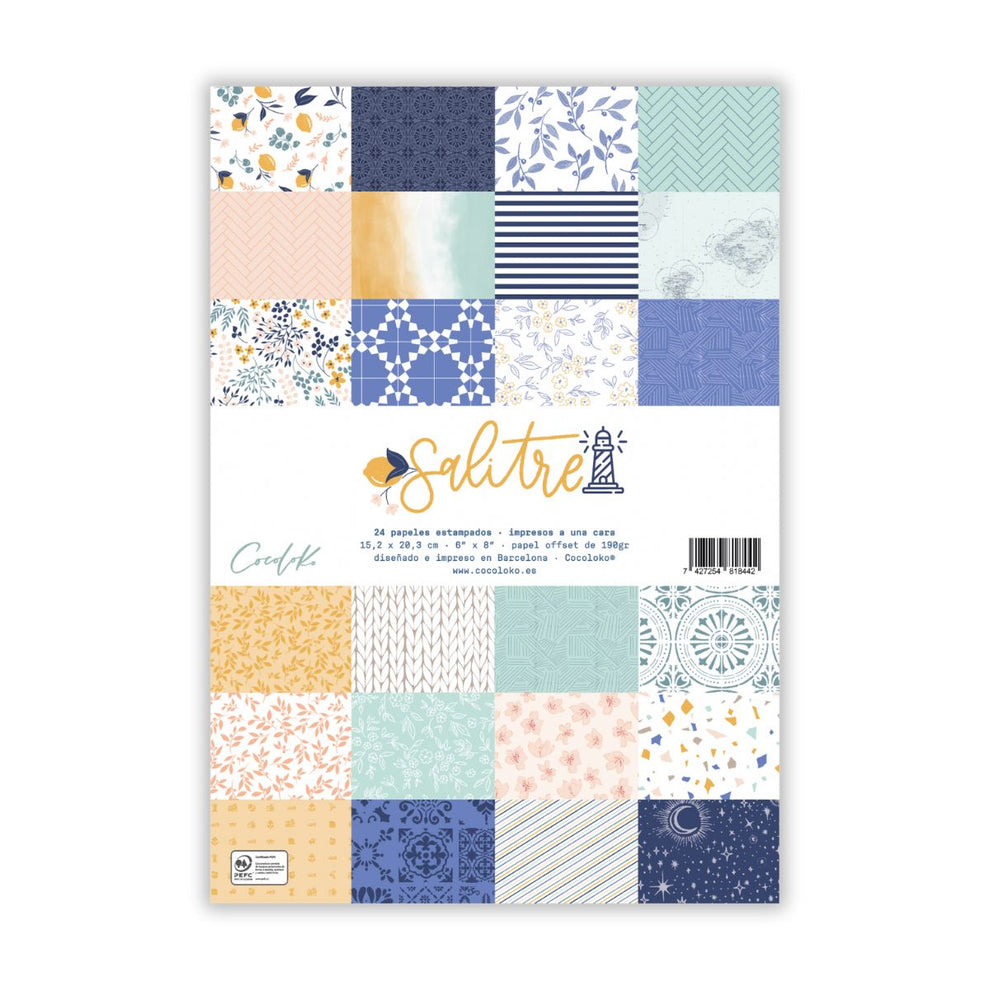 Conjunto de folhas de papel estampado variadas em embalagem com texto e código de barras