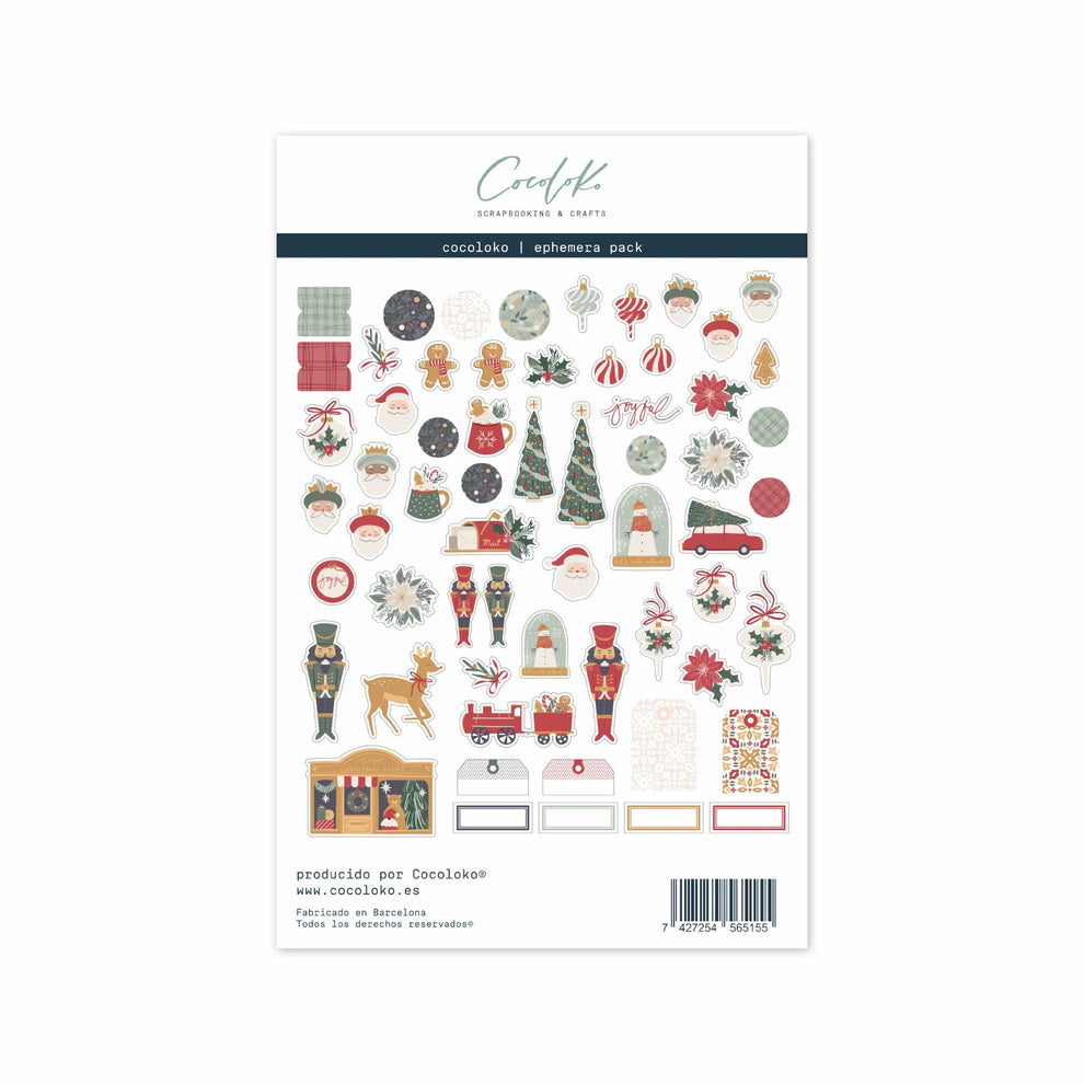 Folha de autocolantes natalícios com vários desenhos coloridos e texto com marca e código de barras