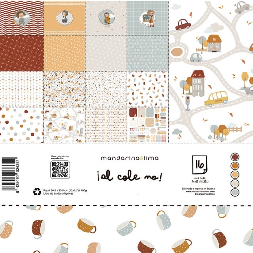 Folhas de papel decorativo com padrões infantis em tons castanhos, amarelos e cinzas