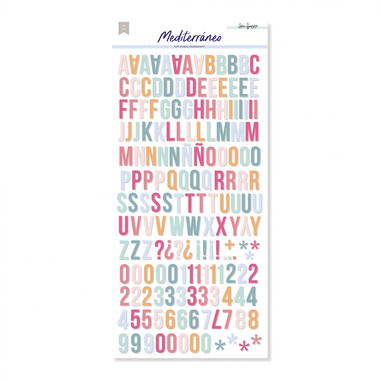 Folha de autocolantes coloridos com letras e números em padrão Mediterrâneo