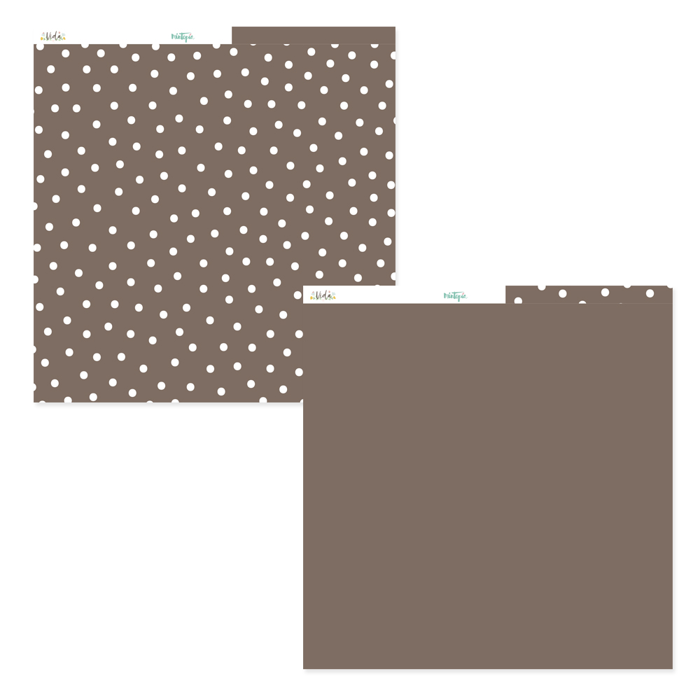 Dois papéis decorativos quadrados, um com bolinhas brancas em fundo castanho e outro castanho liso