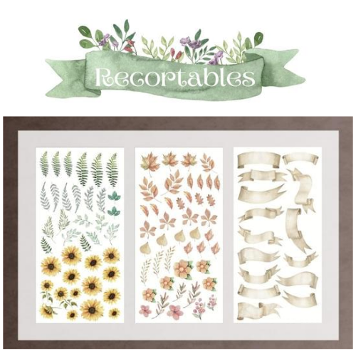 Folhas autocolantes decorativas com motivos de plantas, flores girassol, folhas outonais e fitas em fundo branco