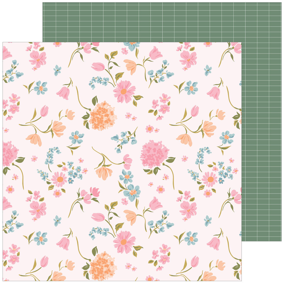 Papel decorativo com padrão floral colorido e verso padrão geométrico verde escuro
