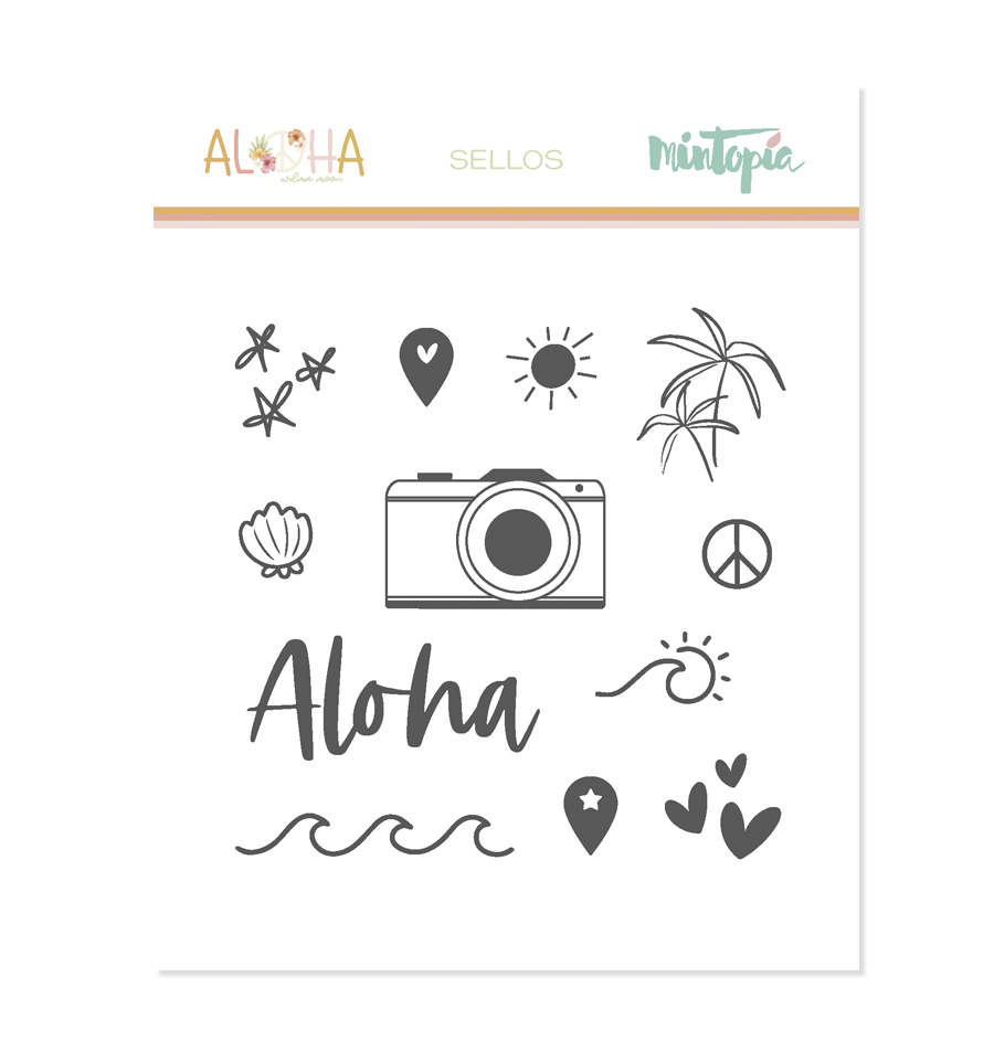 Página de carimbos com desenhos e texto 'Aloha' em preto