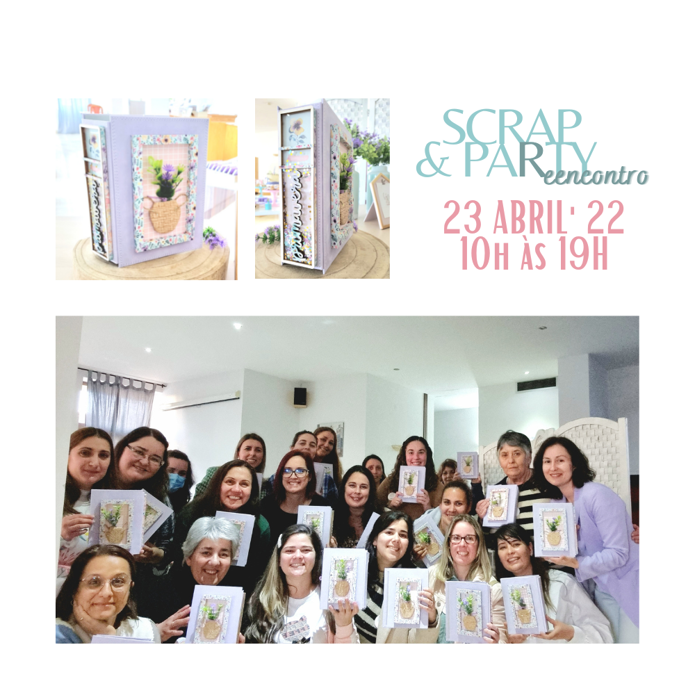 Álbum de scrapbook lilás decorado em capa e pessoas segurando os álbuns em grupo