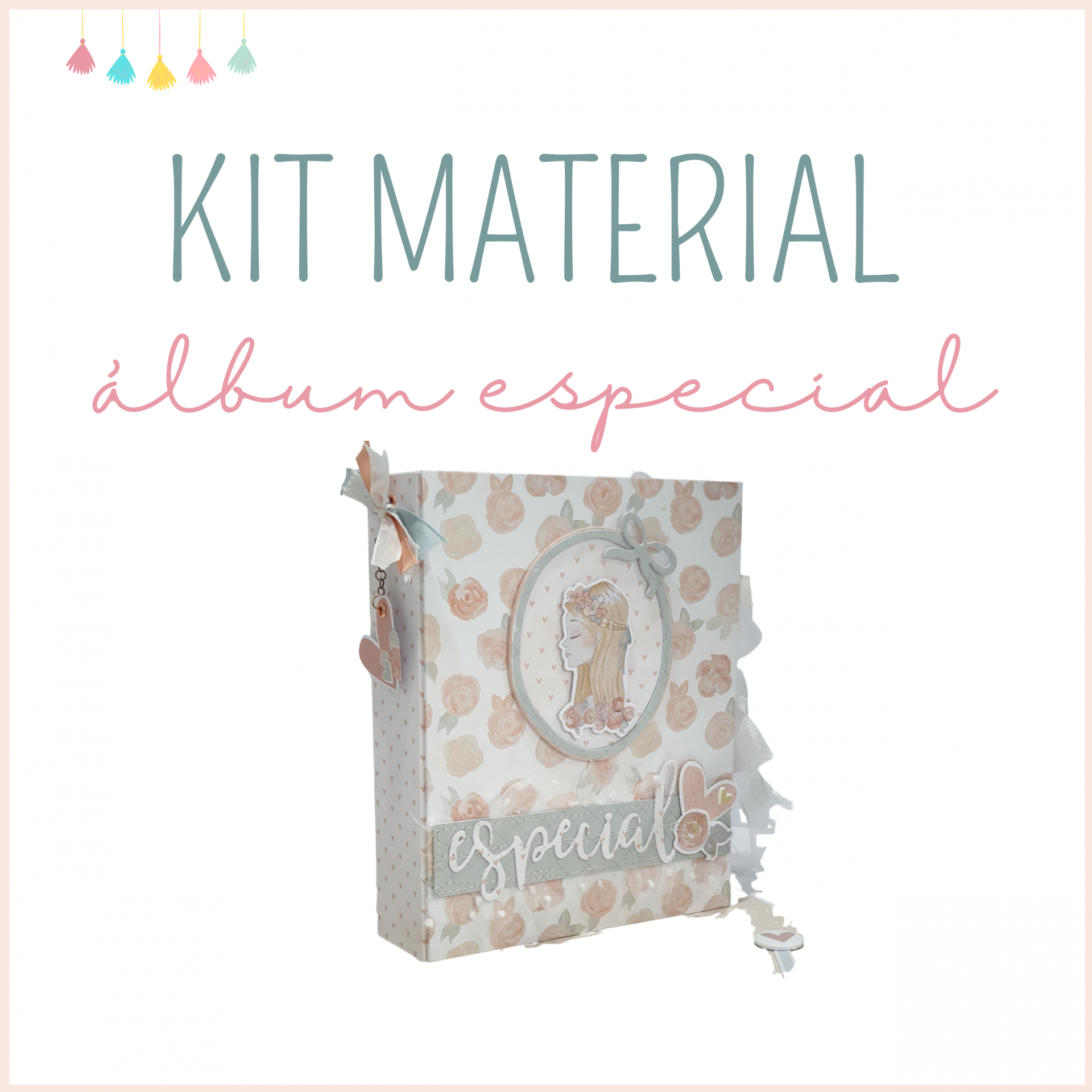 Caixa decorada para kit material álbum especial com padrão floral e imagem de menina