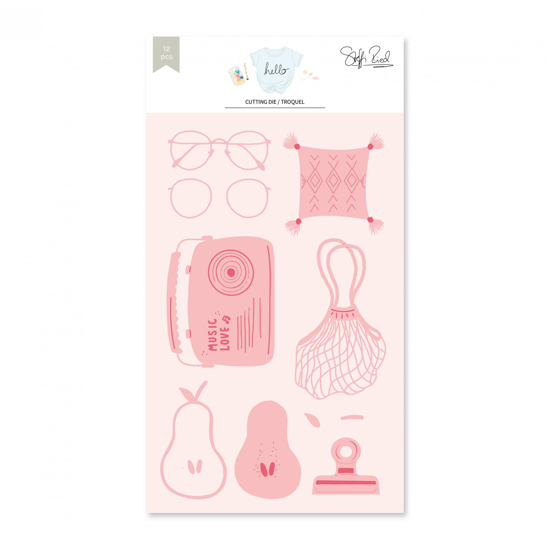 Conjunto de 12 papel recortado em cor rosa com vários objetos como óculos e almofada