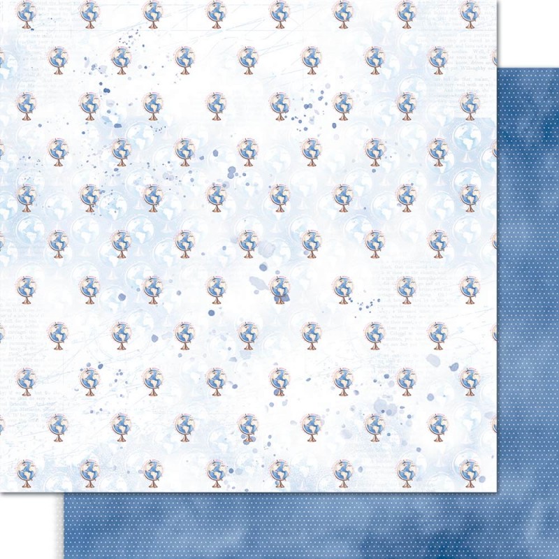 Papel de embrulho com padrão de globos e pinguins e verso azul com pontos brancos