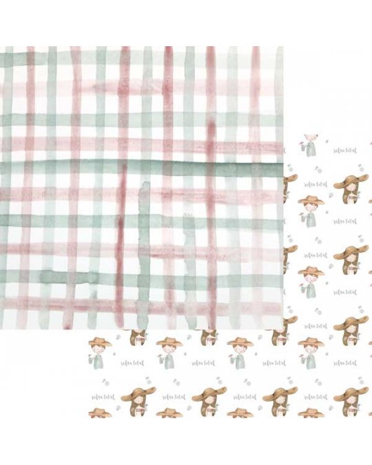 Tecido xadrez pastel com tecido de coelhos e rapazes desenhados, texto 'tiny farm'