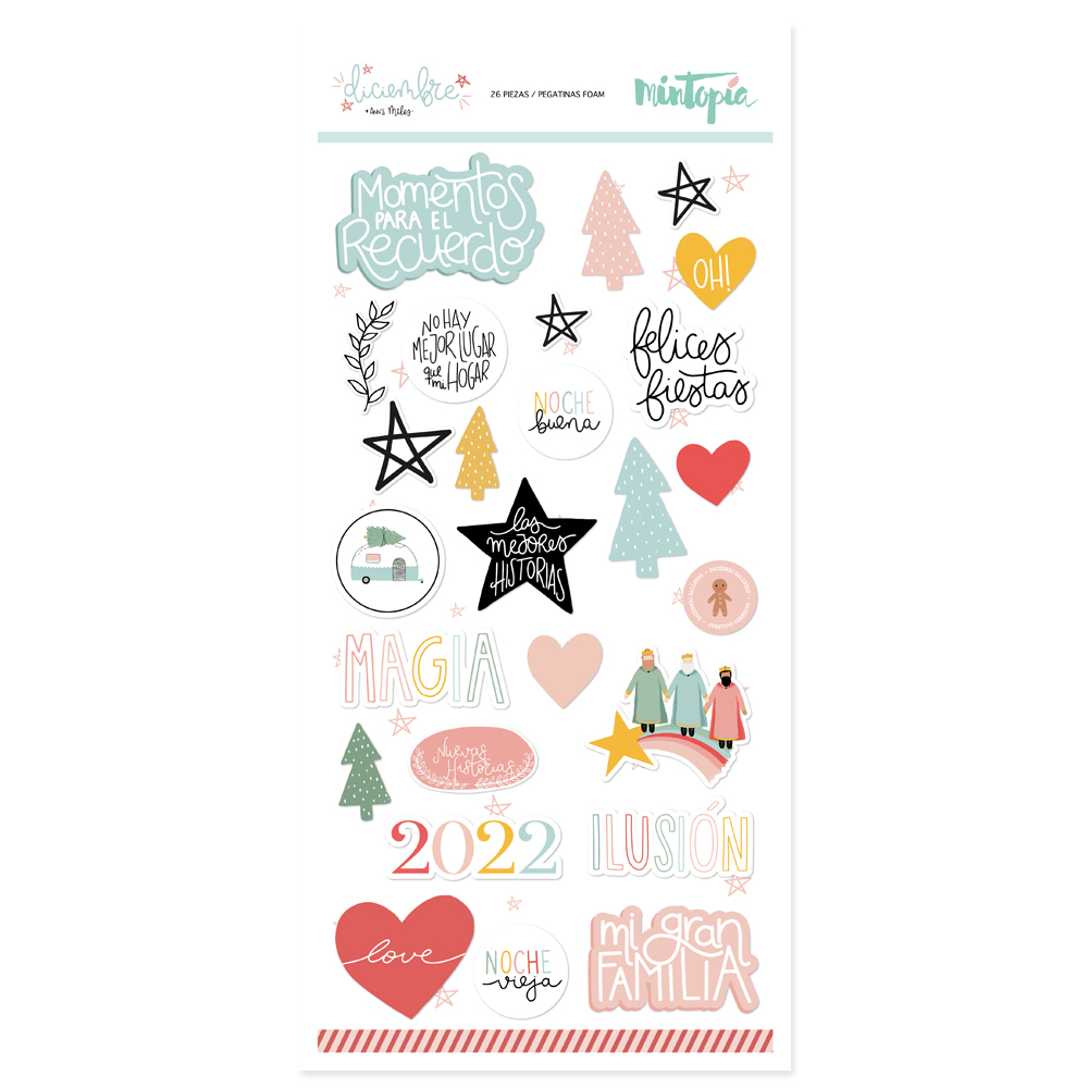 Autocolantes variados de Natal com texto em espanhol e desenhos festivos coloridos