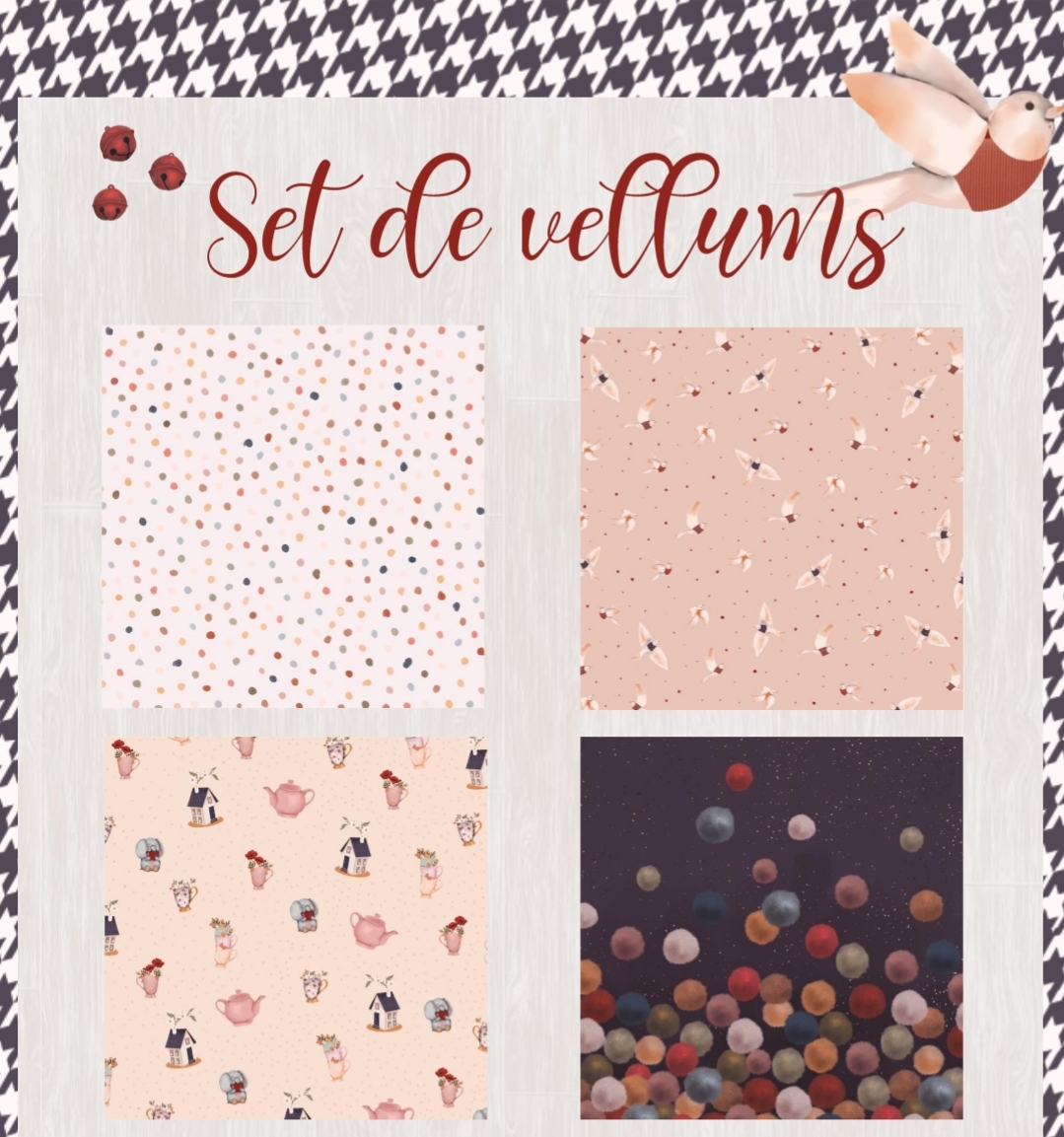 Conjunto de quatro vellums com padrões variados e fundo pied-de-poule preto e branco