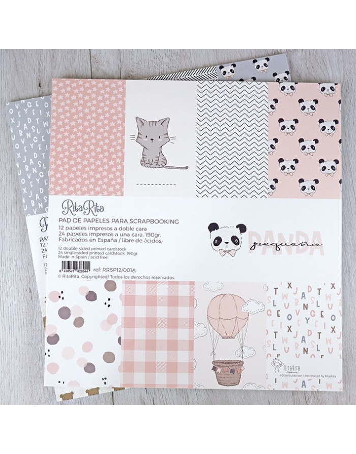 Papel para scrapbook com padrões de estrelas, animais, bolinhas e xadrez em tons cor-de-rosa, cinza e branco