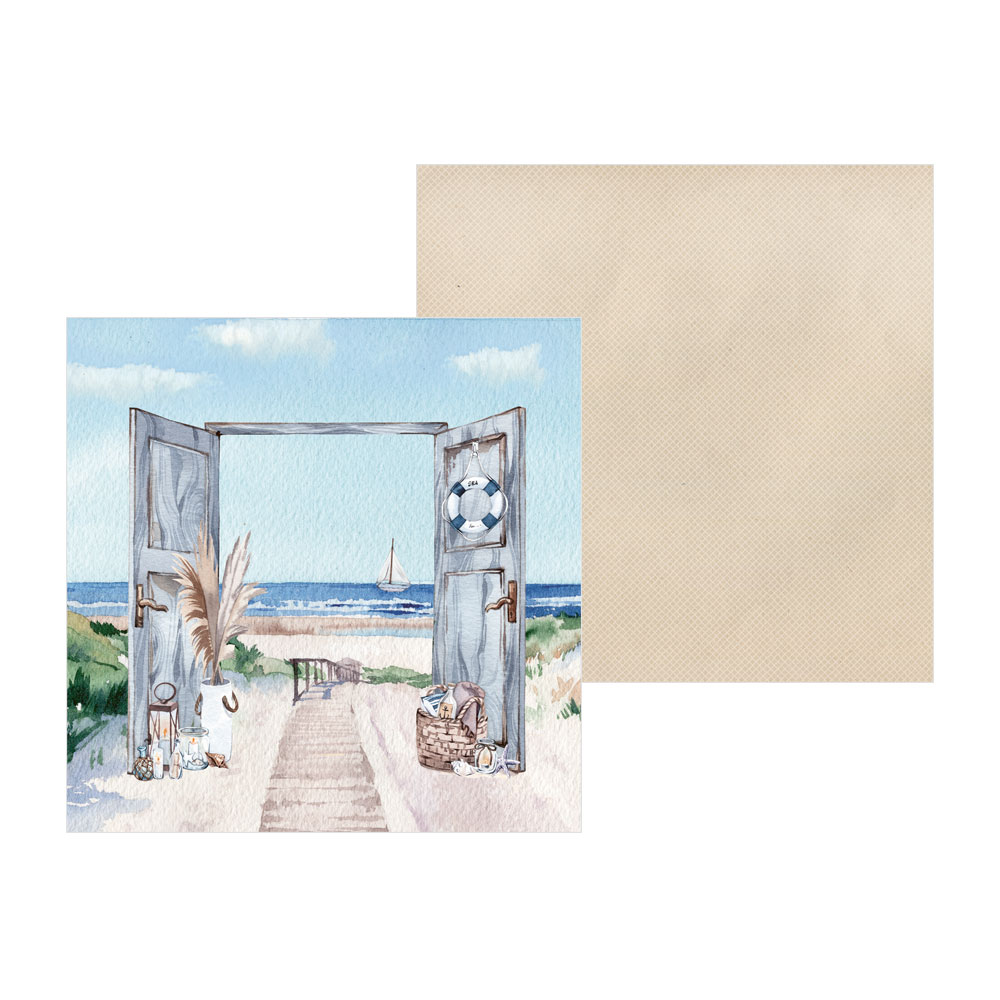 Papel decorativo com desenho de porta aberta para praia e elementos náuticos.