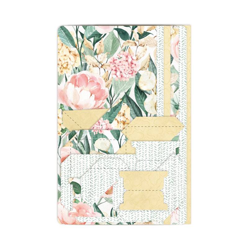 Caderno capa rígida com padrão floral e etiquetas amarelo mostarda