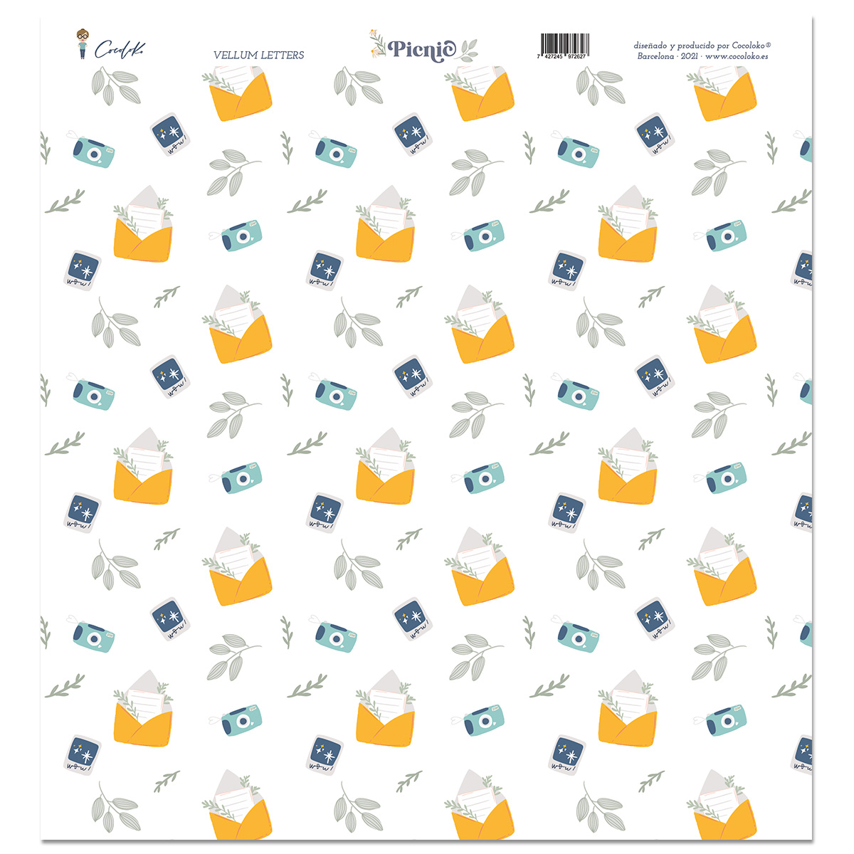 Papel decorativo branco com padrão de envelopes amarelos, cartas brancas, câmaras azuis e folhas cinzentas.