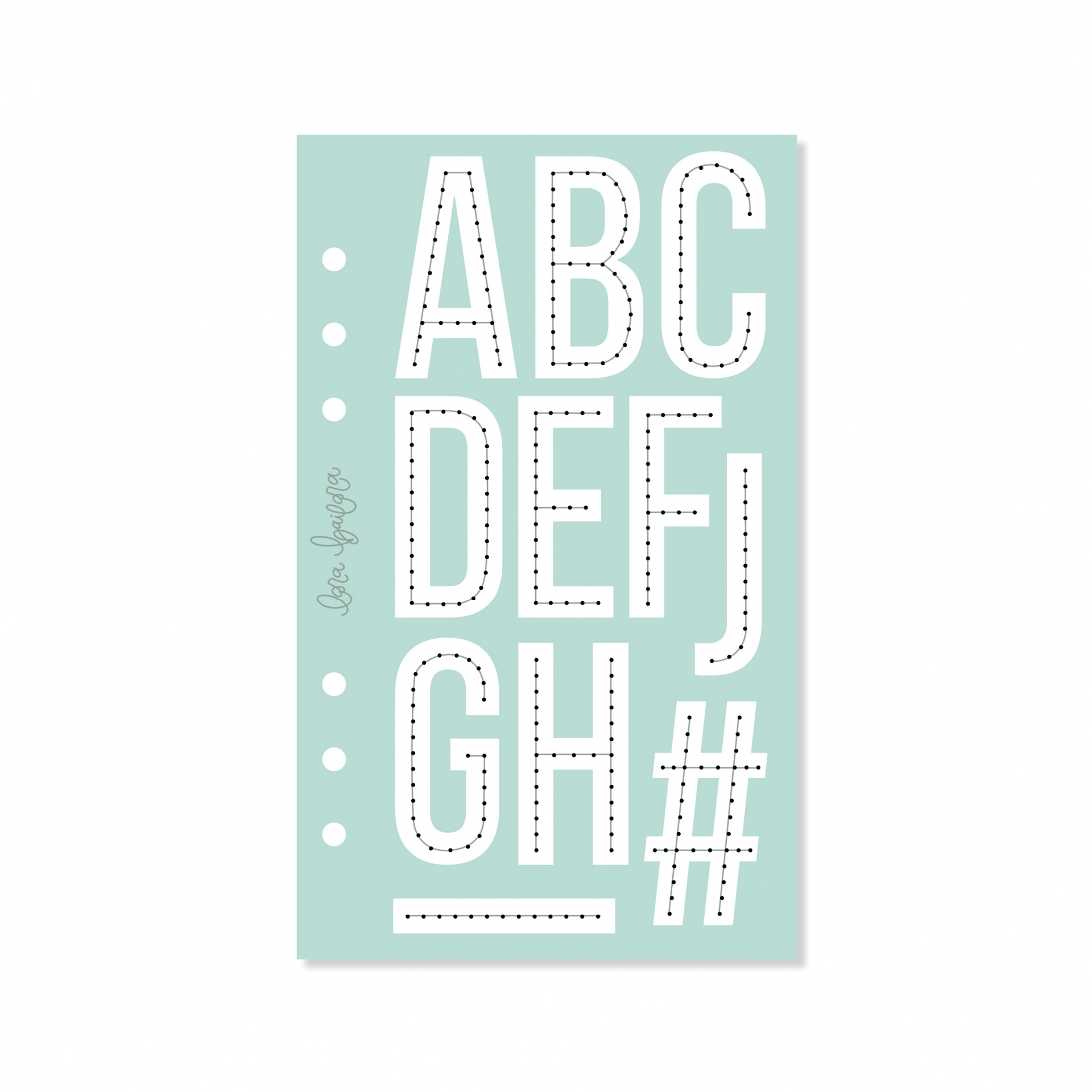 Folha azul claro com letras brancas ABCDEFGH e símbolos com contornos pontilhados.