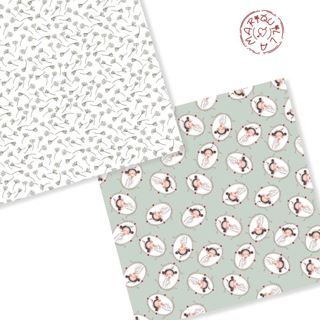 Folhas de papel com padrões florais e bailarinas e selo MAROUXIDE