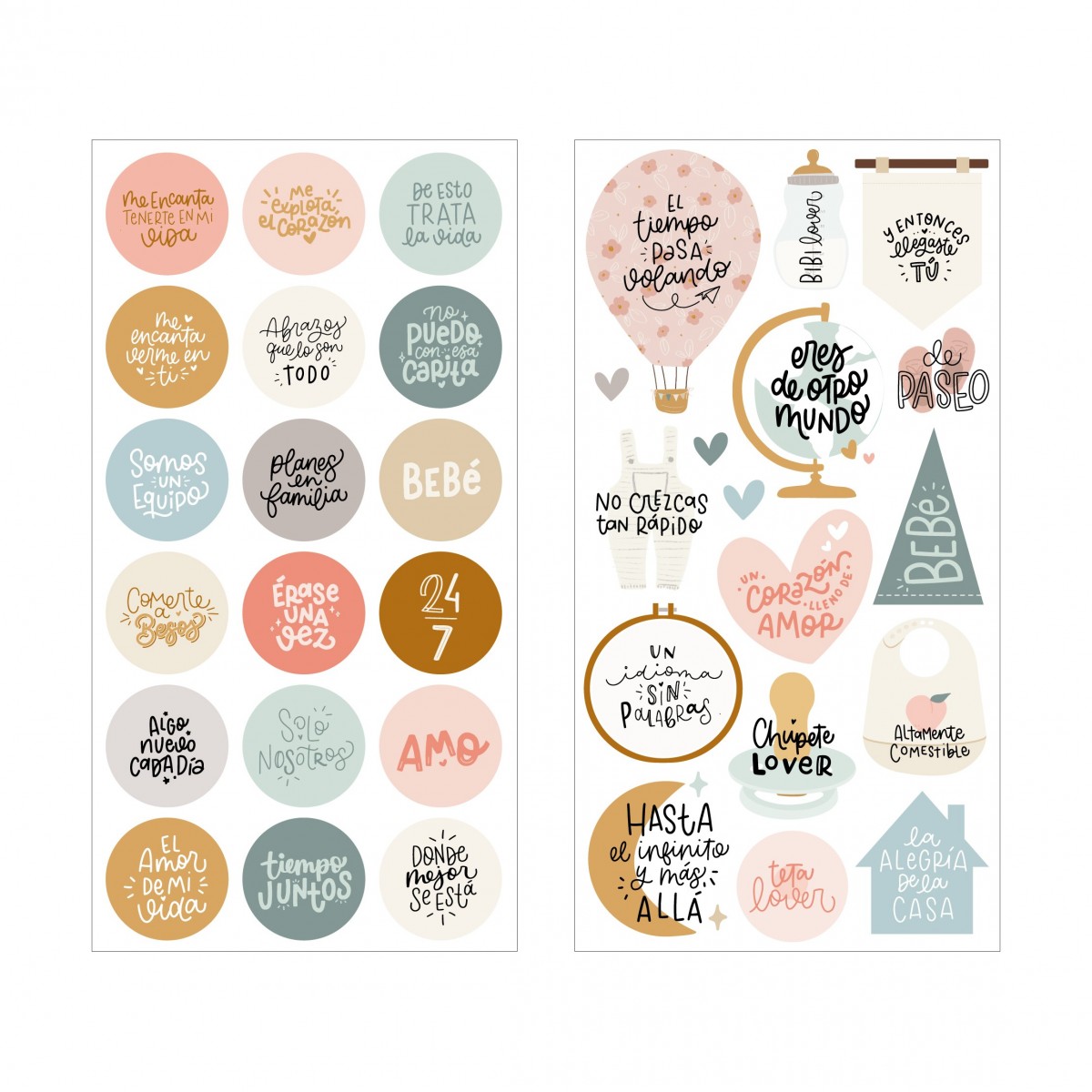 Autocolantes com textos em espanhol em cores pastel e desenhos decorativos.