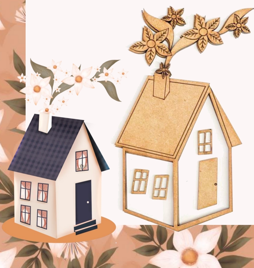 Duas casas decorativas, uma branca com telhado xadrez azul escuro e outra em madeira clara com flores no topo