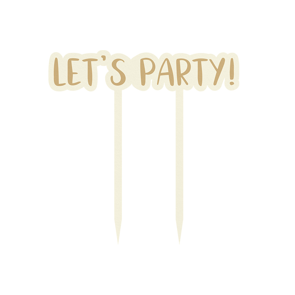 Topper de festa com texto 'LET'S PARTY!' em creme e bege