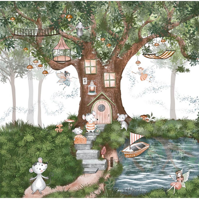 Ilustração de árvore com casinha, fadas e ratos perto de água com barco.