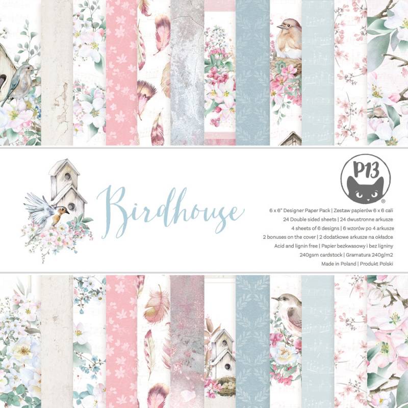 Papel decorativo Birdhouse com padrões de pássaros, casas e flores em cores pastel.