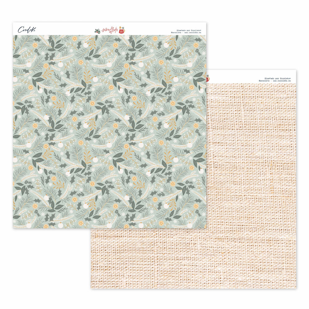 Folha dupla face para scrapbooking com padrão floral e padrão que imita tecido crú