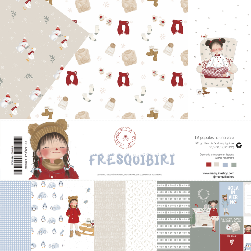 Padrões infantis para tecidos com ilustrações de boneca, boneco de neve, roupas de inverno e textos em várias cores