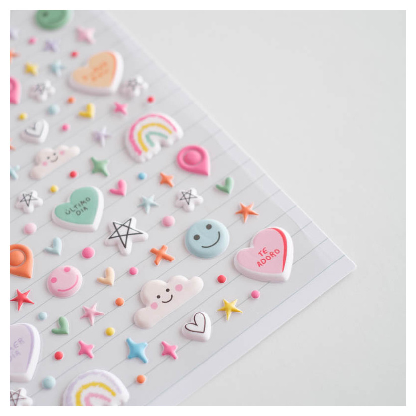 Folha de autocolantes em relevo com desenhos coloridos e texto em português