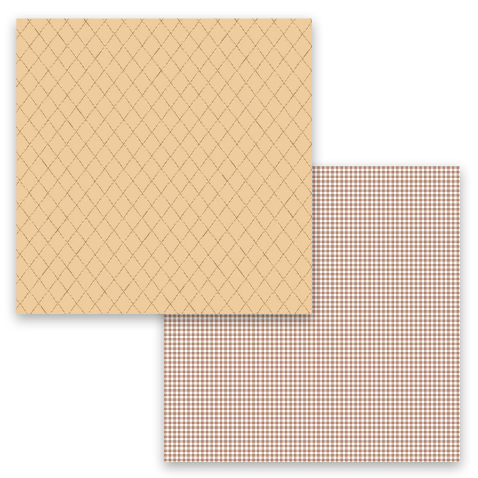 Dois quadrados com padrões geométricos em tons bege e castanho.