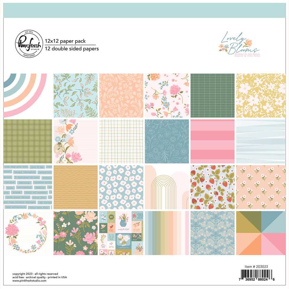 Pack de papel 12x12 com 12 folhas dupla face com padrões florais e geométricos em tons pastel e verdes