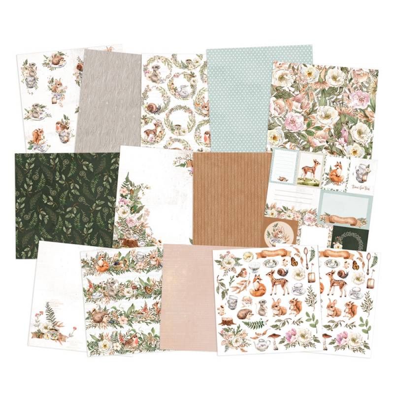 Papéis decorativos e etiquetas com padrões florais e animais