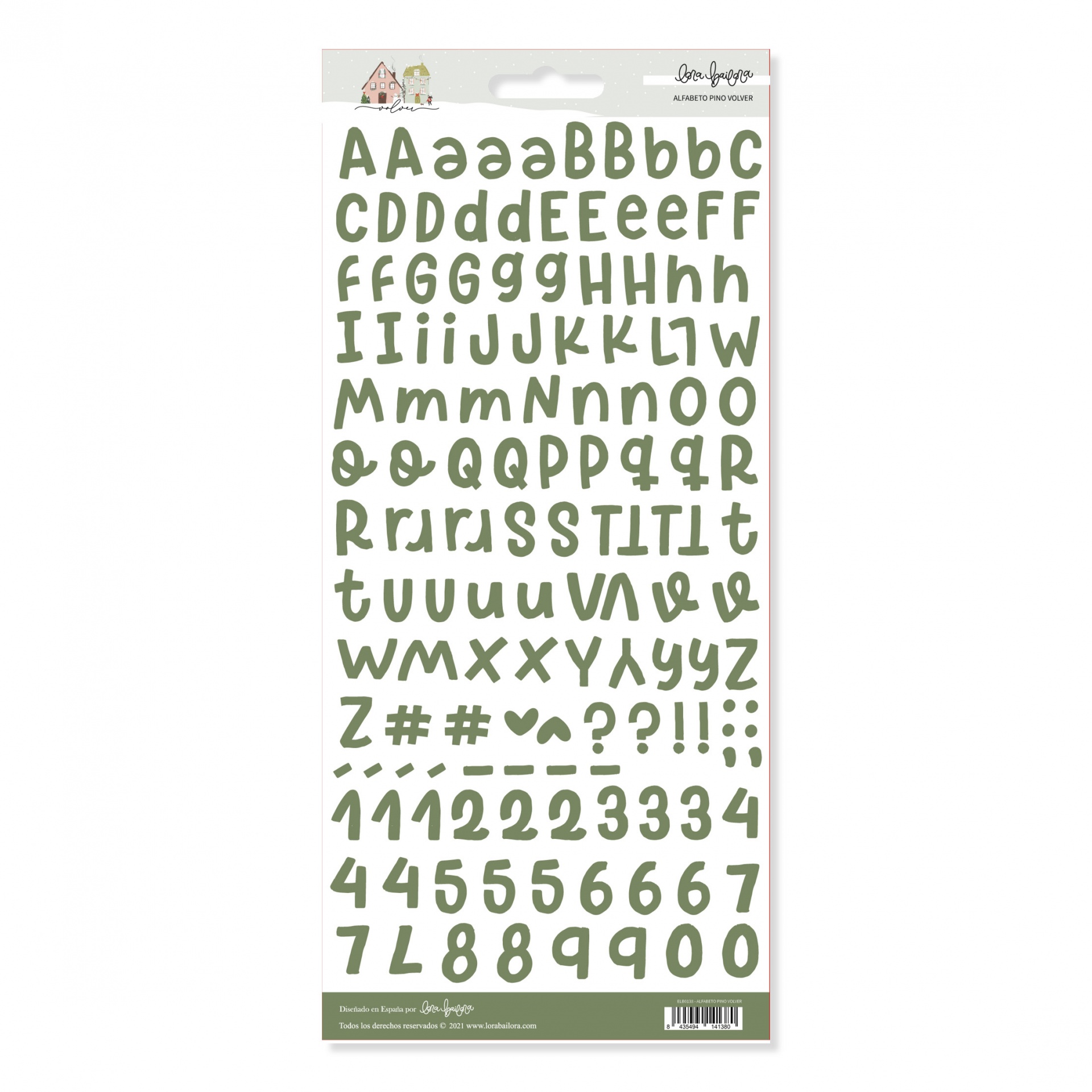 Autocolantes de letras e números verdes em folha branca com cabeçalho
