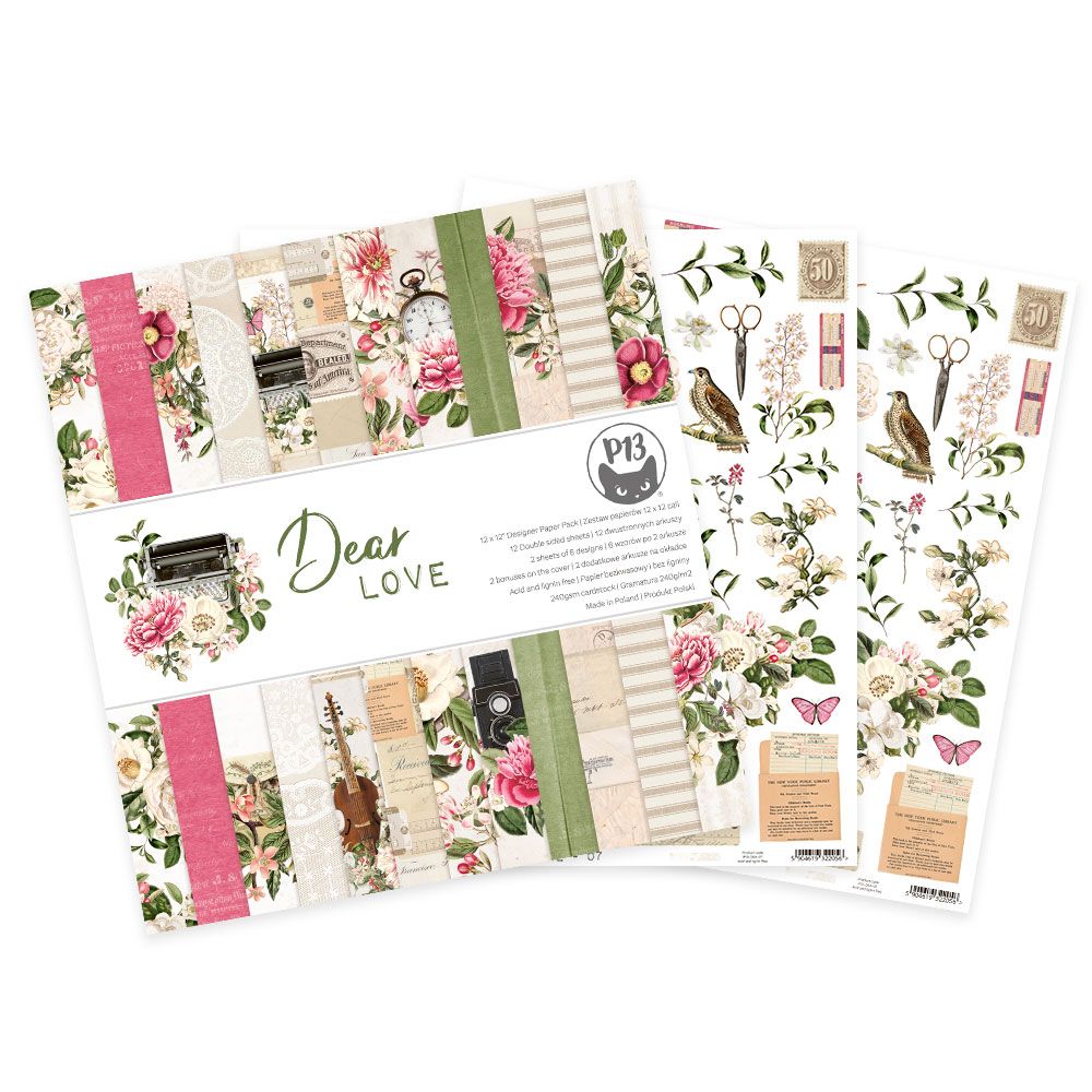 Papel decorativo para scrapbooking floral e vintage com a frase Dear LOVE