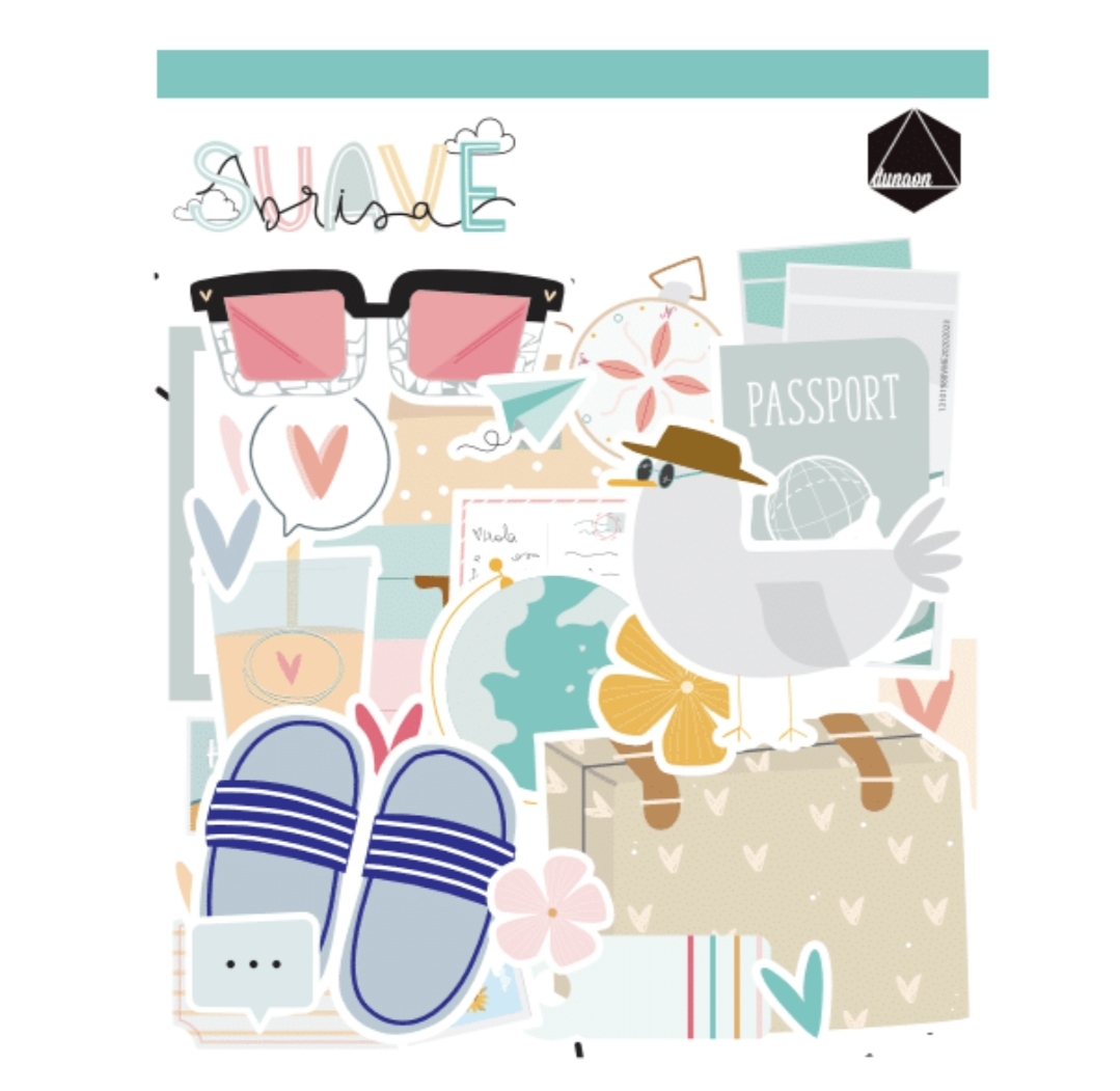 Desenhos coloridos de verão com chinelos, óculos de sol, passaporte, pássaro e elementos decorativos.