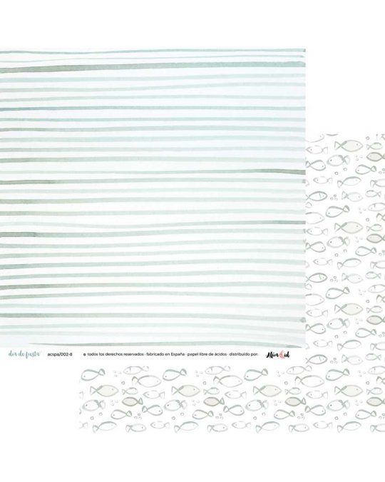 Papel decorativo com padrão de riscas verdes e peixes desenhados a linha.