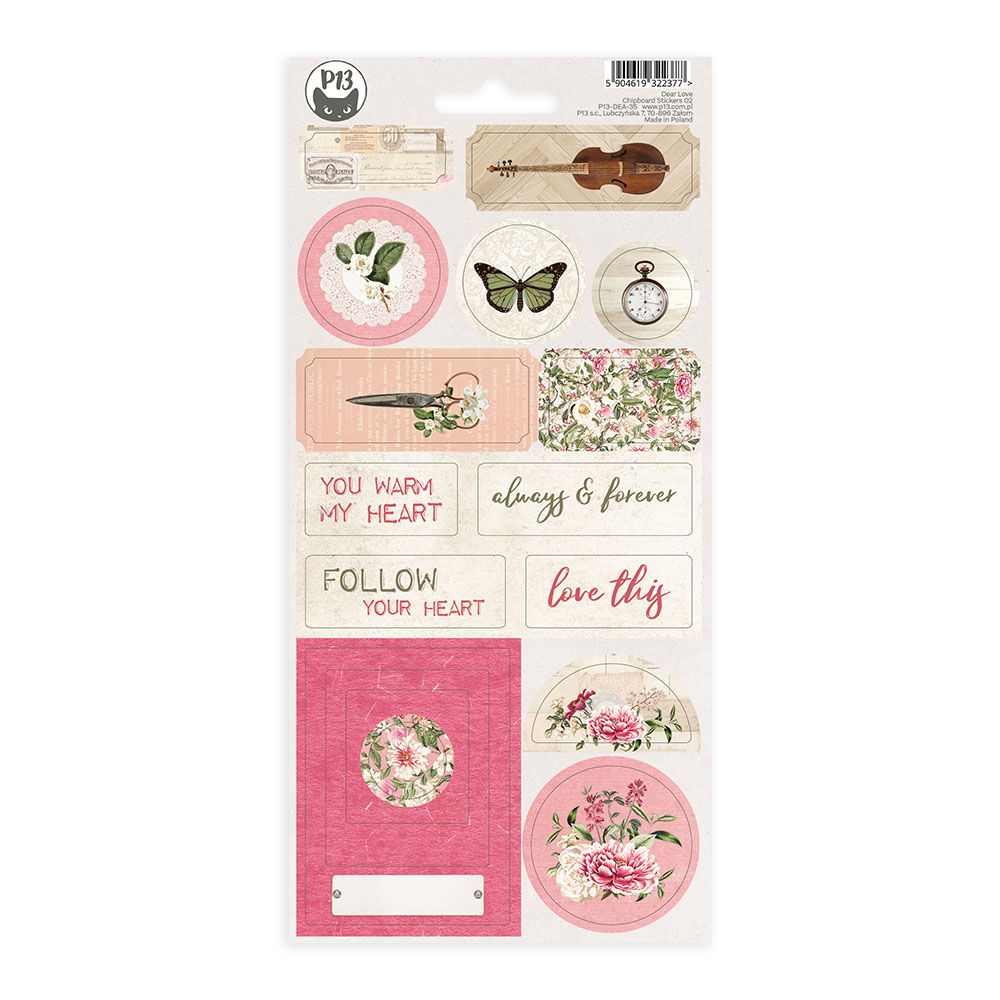 Conjunto de autocolantes decorativos com temas florais, borboleta, relógio e textos em inglês