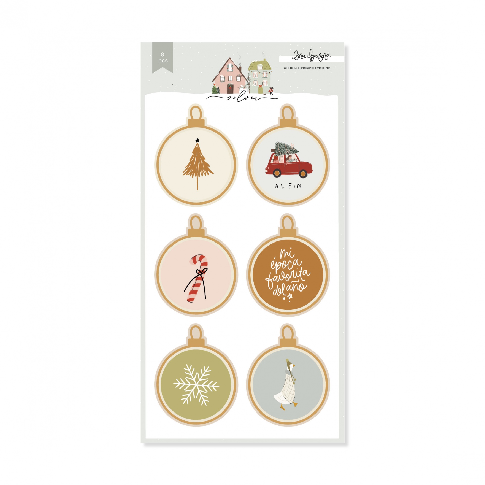 Conjunto de seis etiquetas de Natal com desenhos festivos e texto em português