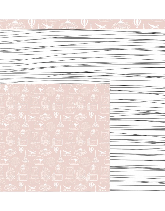 Papel de parede com padrão de linhas horizontais pretas e padrão rosa com desenhos brancos.