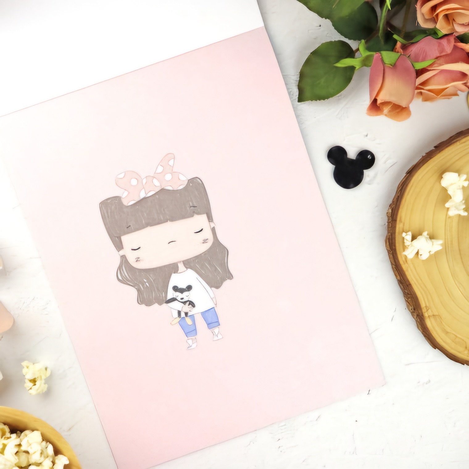 Caderno rosa com ilustração de menina e ícone preto de rato sobre mesa com flores e pipocas