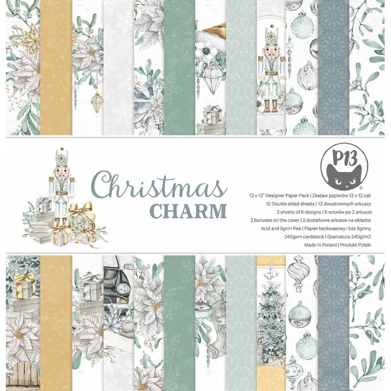 Papel decorativo natalício Christmas Charm P13 com vários padrões festivos em verde, dourado e cinza