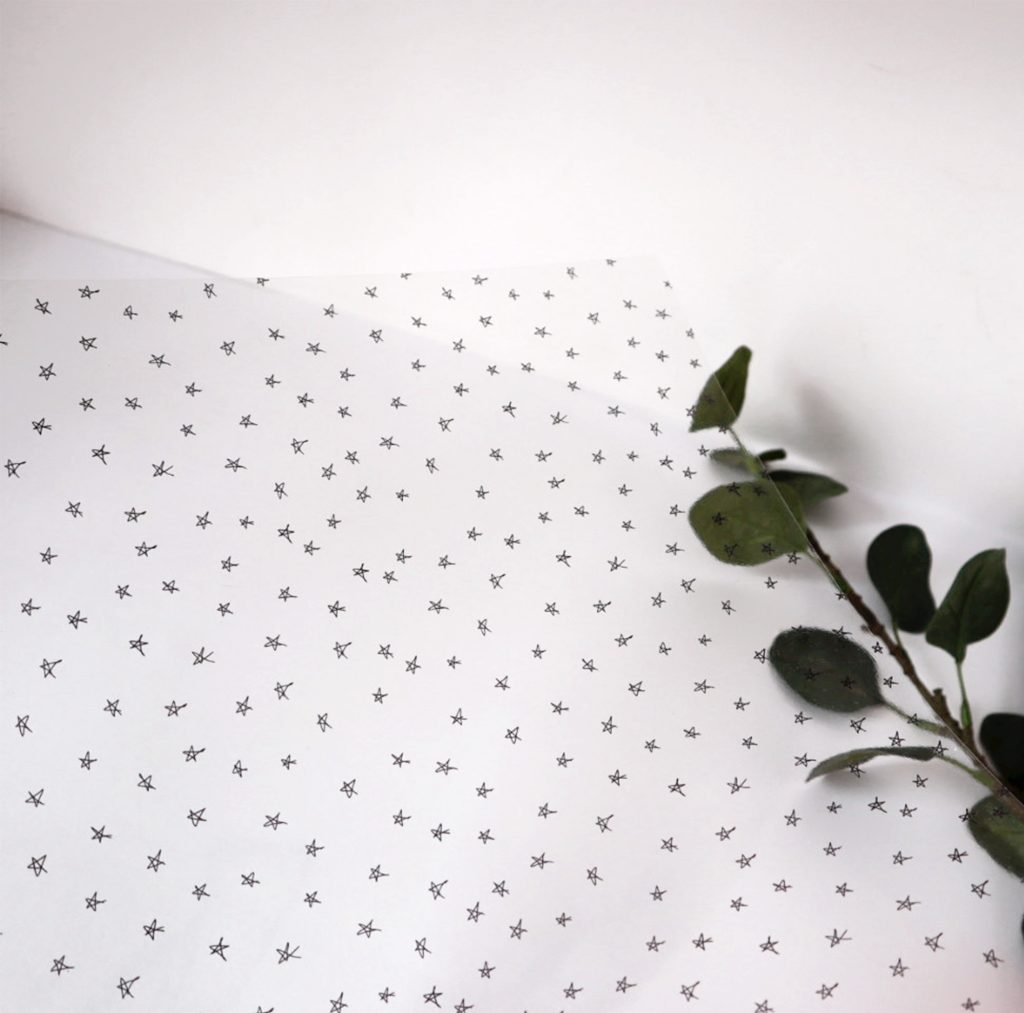 Papel branco com estrelas pretas e ramo verde